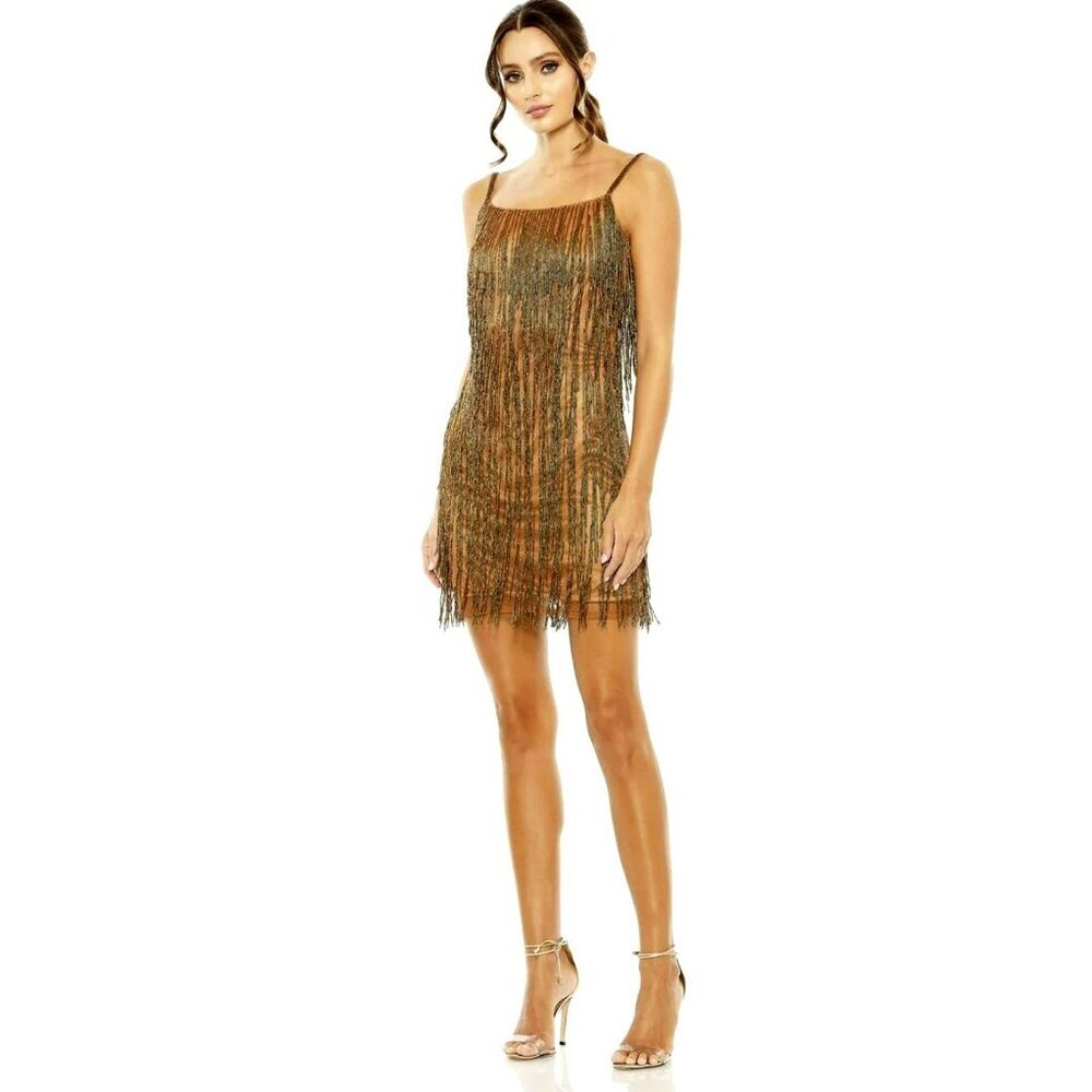Mac Duggal Copper Beaded Fringe Mini Party Dress Size 4 NWT 18,34